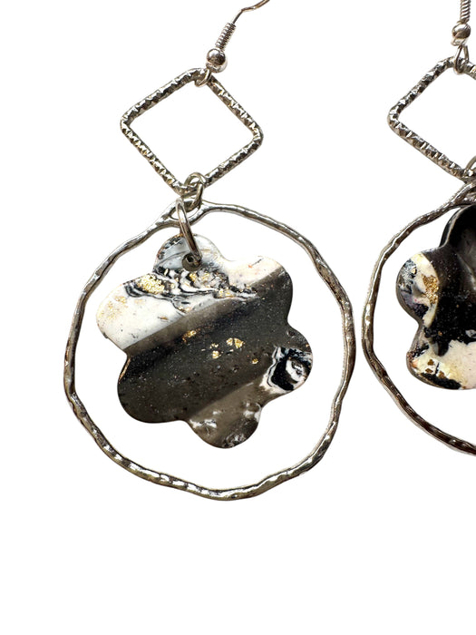 Handmade Modern Earrings, Polymer Clay Geometric Floral Earrings. Black , Silver, White & Gold. 3”h