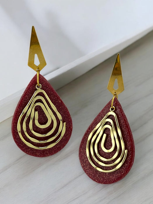 Red Gold Geometric Teardrop Statement Earrings – Handmade Polymer Clay , 3.5”