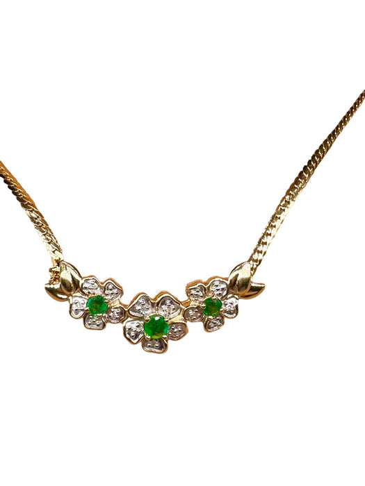 14K Gold Emerald & Diamond Necklace.Flower Design 17.5" . Made in Italy-EZ Jewelry and Decor