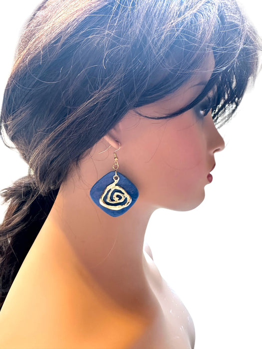 Handmade Modern Earrings, minimalist, Geometric polymer clay, Blue and Gold, 2.5"