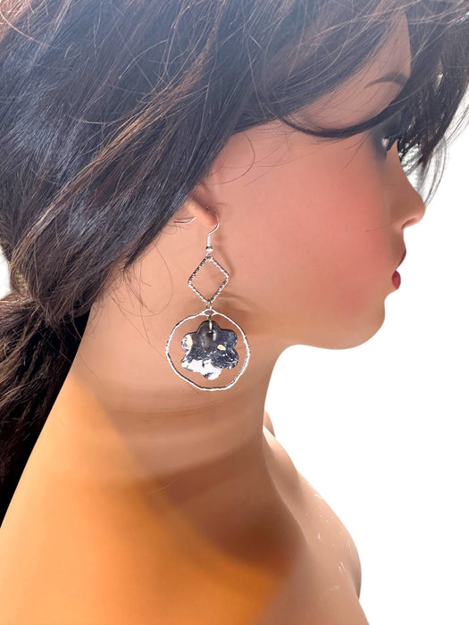 Handmade Modern Earrings, Polymer Clay Geometric Floral Earrings. Black , Silver, White & Gold. 3”h