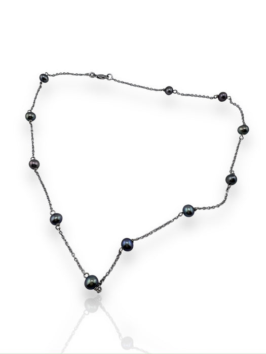 14K White Gold & Natural Black Pearl Choker Necklace. 16"-EZ Jewelry and Decor