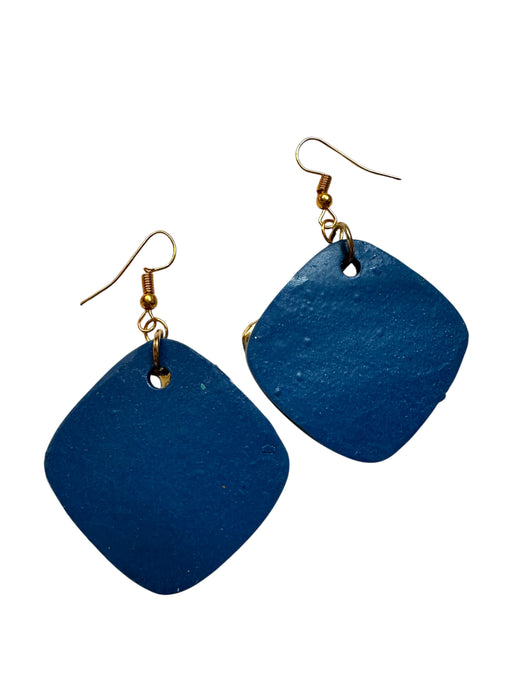 Handmade Modern Earrings, minimalist, Geometric polymer clay, Blue and Gold, 2.5"