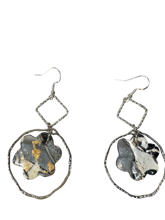 Handmade Modern Earrings, Polymer Clay Geometric Floral Earrings. Black , Silver, White & Gold. 3”h
