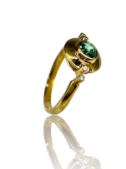 18k Gold and Diamond Gorgeous Unique Ring, with a Blue-Green Zircon Size 7-EZ Jewelry and Decor