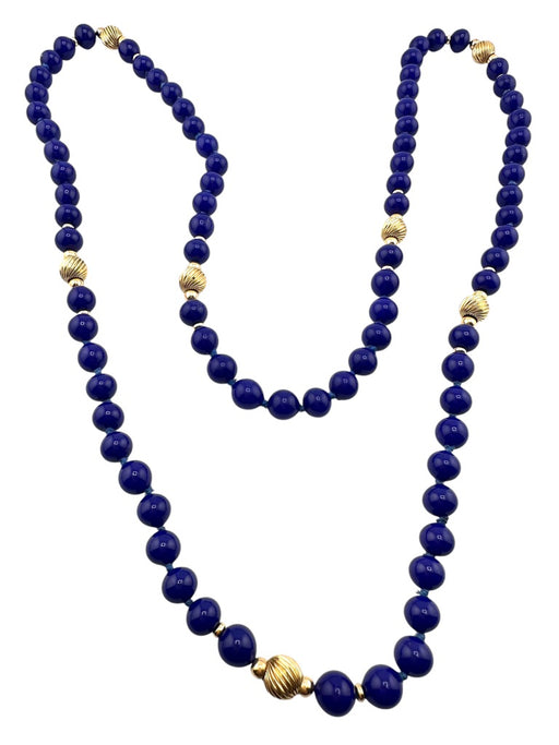 14K Yellow Gold Fine Blue Lapis Lazuli Beaded Necklace, 32"-EZ Jewelry and Decor