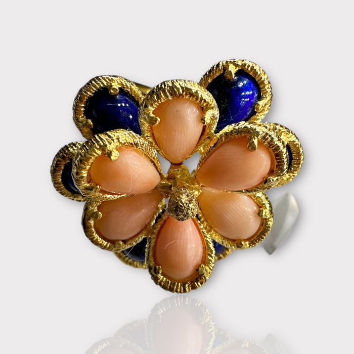 Unique 18k Gold Peach and Blue Flower Design Ring With Lapis & Coral, Size 6.5.