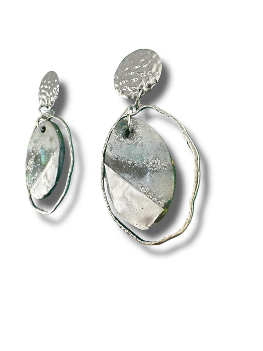 Modern Geometric Polymer Clay Earrings – Silver, Grey, Green | Handmade 2” Statement Jewelry - EZ Art, Decor & Jewelry