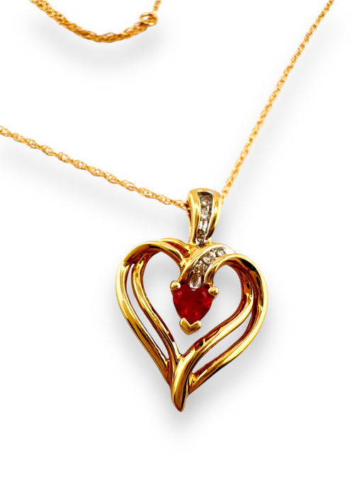 Pendant Necklace in Ruby & Diamond Swirl Heart Pendant 10k Yellow Gold-EZ Jewelry and Decor