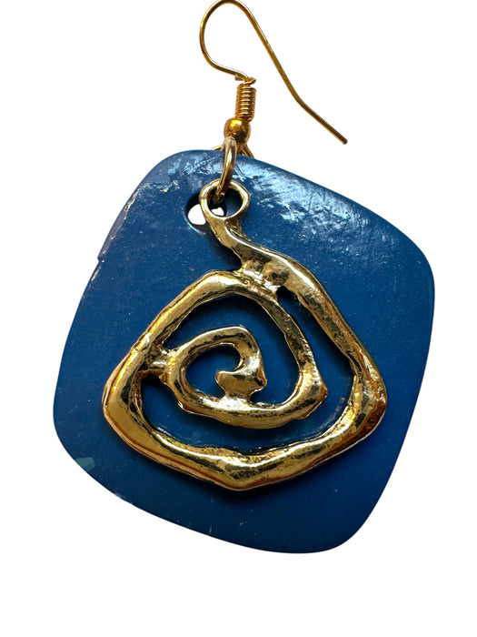 Handmade Modern Earrings, minimalist, Geometric polymer clay, Blue and Gold, 2.5"