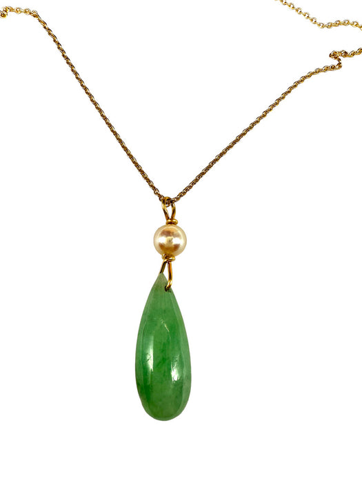 Necklace in 14K Gold with Jade and pearl Pendant on Delicate Chain-EZ Jewelry and Decor