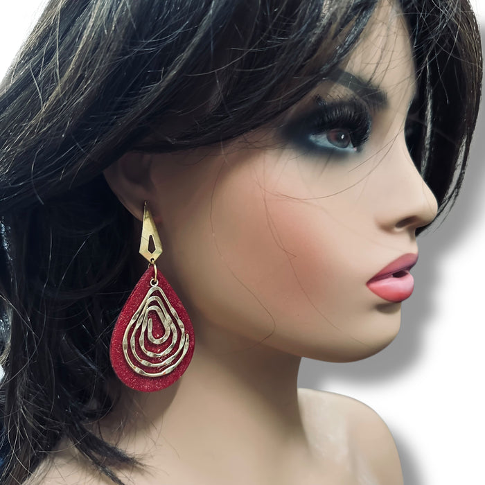 Red Gold Geometric Teardrop Statement Earrings – Handmade Polymer Clay , 3.5”