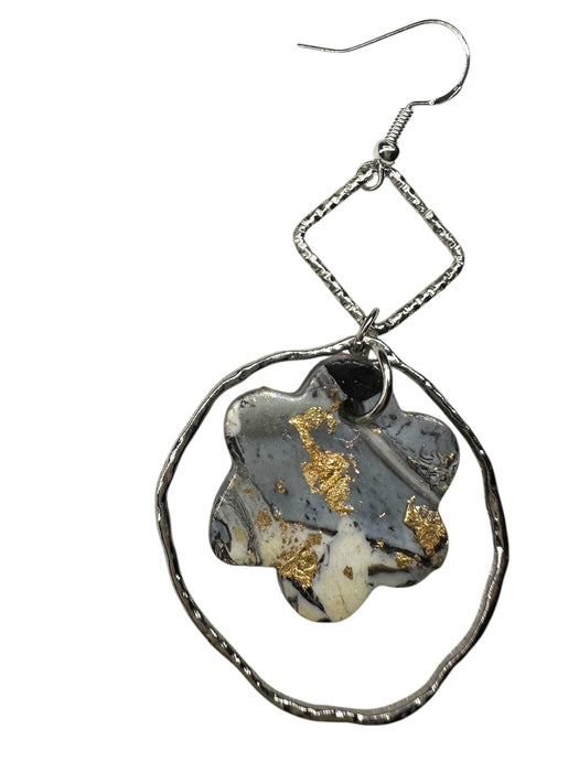 Handmade Modern Earrings, Polymer Clay Geometric Floral Earrings. Black , Silver, White & Gold. 3”h