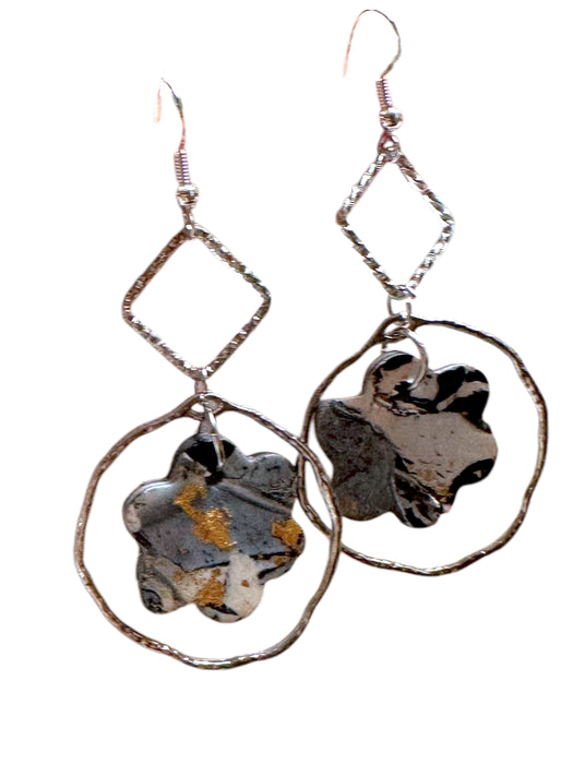 Handmade Modern Earrings, Polymer Clay Geometric Floral Earrings. Black , Silver, White & Gold. 3”h