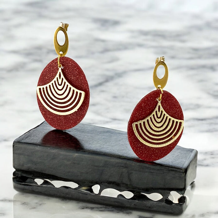 Red Gold Geometric Teardrop Statement Earrings – Handmade Polymer Clay , 3.5”