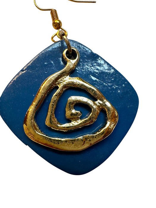 Handmade Modern Earrings, minimalist, Geometric polymer clay, Blue and Gold, 2.5"
