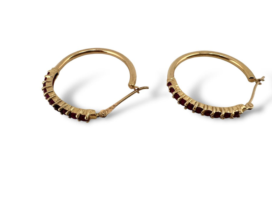 Ruby Hoop Earrings in 14K Yellow Gold, 1 in, 15th Anniversary,July Birthstone 