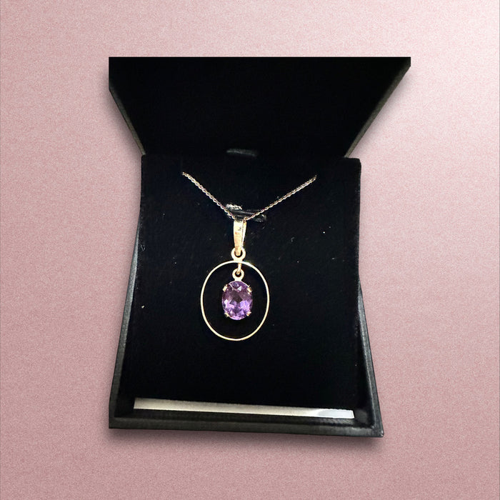 18k Gold and Purple Amethyst Pendant Necklace with 14K Gold Flat Chain Necklace 16”-EZ Jewelry and Decor