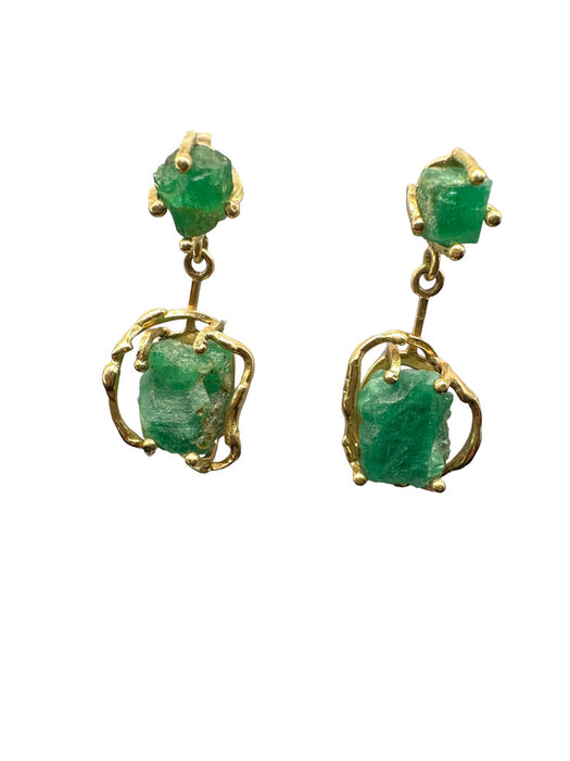 18K Gold Raw Opaque Emerald Earrings, Dangling Green Emerald and Gold Earrings. 1.26" T-EZ Jewelry and Decor