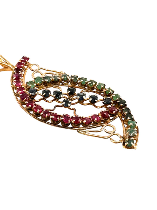 14K Multi-Gem Pendant, 14k, Red Spinal, Blue Topaz, Green Tanzanite  Pendant. 1.86” t x 0.76” w