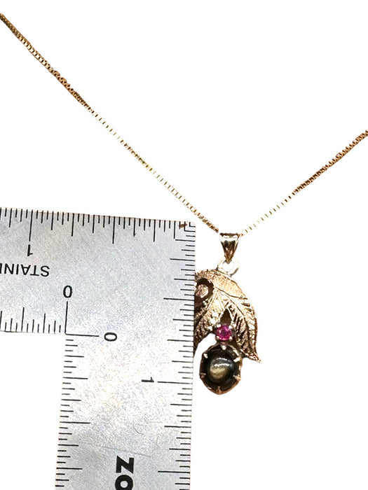 Necklace 18k Gold & Ruby Pendant Necklace with a Smoky Quartz Gemstone in Center, 1in, with 14k Chain. 15"-EZ Jewelry and Decor