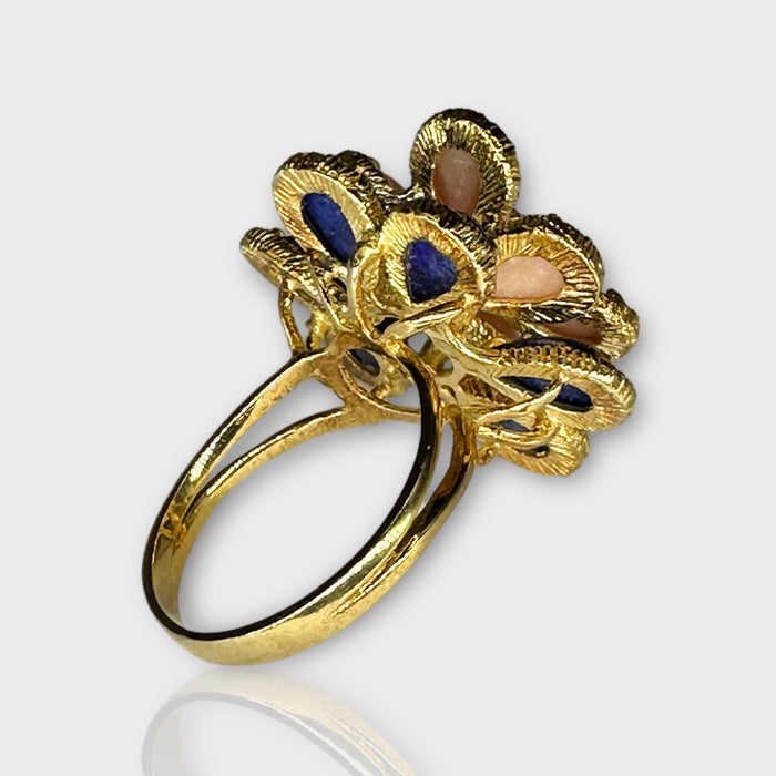 Unique 18k Gold Peach and Blue Flower Design Ring With Lapis & Coral, Size 6.5.