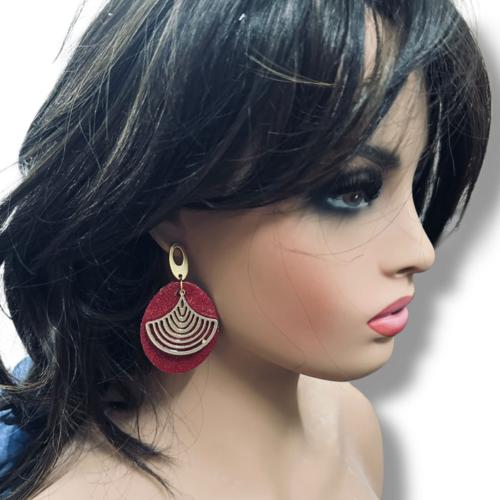 Red Gold Geometric Teardrop Statement Earrings – Handmade Polymer Clay , 3.5”