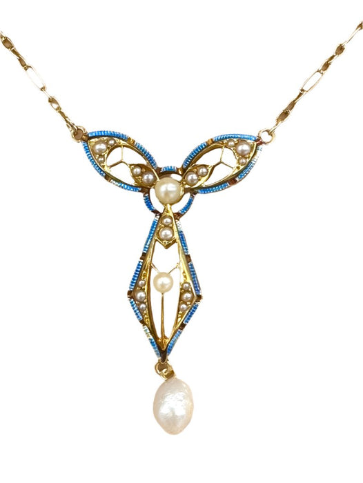 14K Gold and Natural Pearl 16"  Necklace, with Blue & Red enameled outline, Nouveau style-EZ Jewelry and Decor