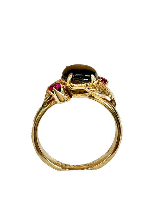 18k Gold & Ruby Ring with a Smoky Quartz Gemstone in Center, Size 4.7.-EZ Jewelry and Decor