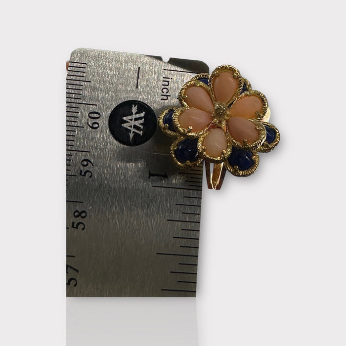 Unique 18k Gold Peach and Blue Flower Design Ring With Lapis & Coral, Size 6.5.