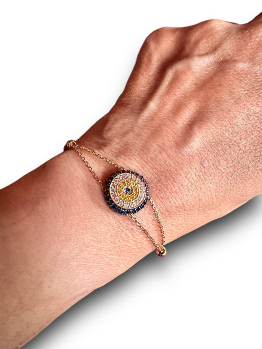 Gold and Tourmaline Bracelet Double Row 14K Evil Eye Bracelet -7.5in