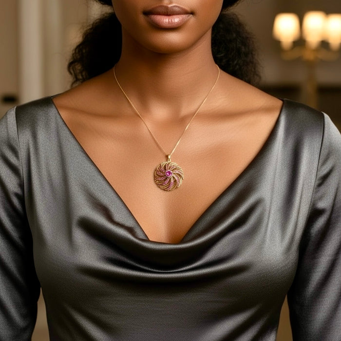 18K Italian Gold Ruby & Diamond Swirl Pendant Necklace – July Birthstone 19.52g - EZ Art, Decor & Jewelry