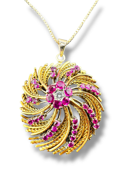 18K Italian Gold Ruby & Diamond Swirl Pendant Necklace – July Birthstone 19.52g - EZ Art, Decor & Jewelry