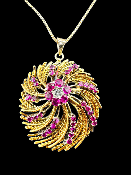 18K Italian Gold Ruby & Diamond Swirl Pendant Necklace – July Birthstone 19.52g - EZ Art, Decor & Jewelry