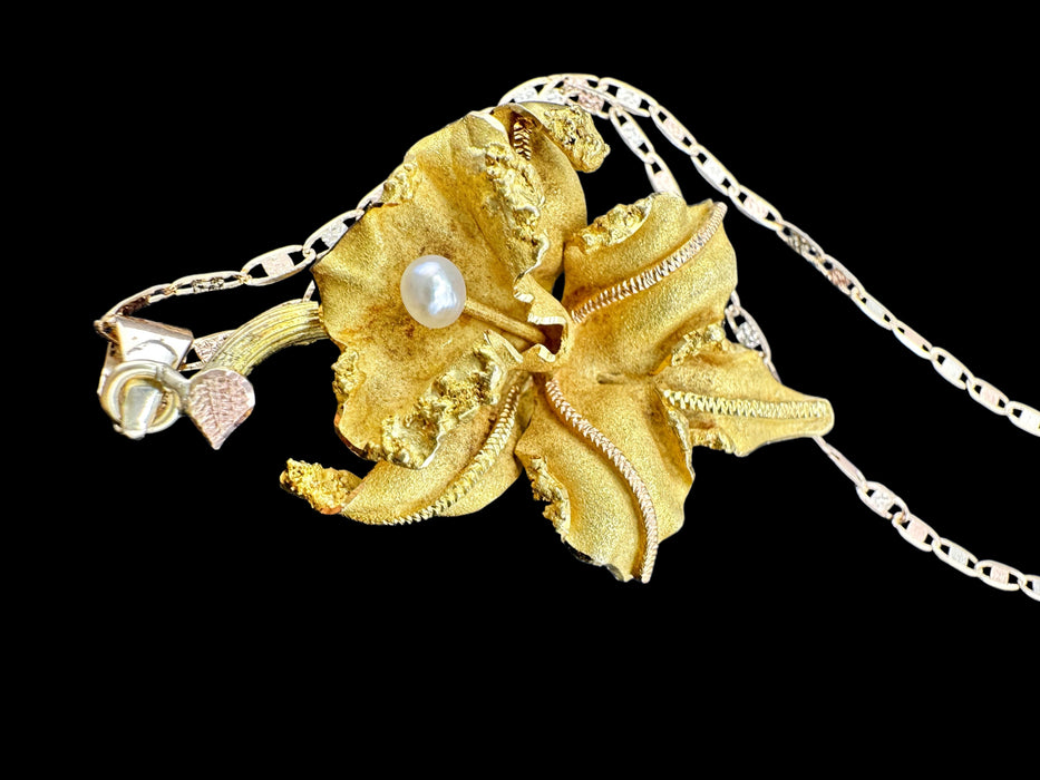 18K Gold Yellow Matt Orchid Necklace with Pearl Pendant | 1.7” Pendant, 14K 18” Chain | 8.90g - EZ Art, Decor & Jewelry