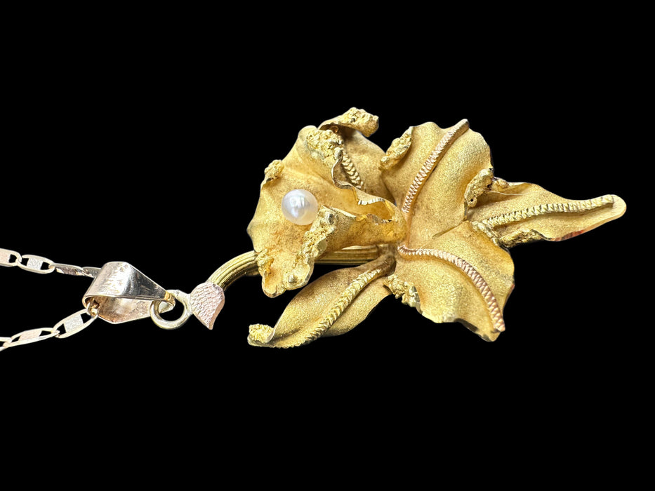 18K Gold Yellow Matt Orchid Necklace with Pearl Pendant | 1.7” Pendant, 14K 18” Chain | 8.90g - EZ Art, Decor & Jewelry