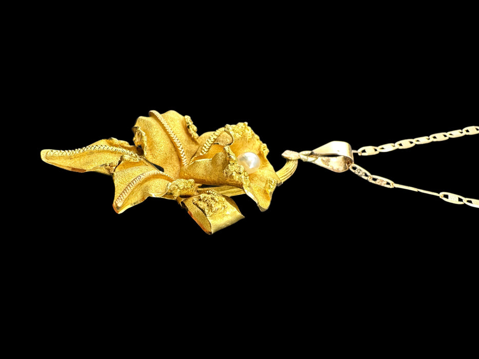 18K Gold Yellow Matt Orchid Necklace with Pearl Pendant | 1.7” Pendant, 14K 18” Chain | 8.90g - EZ Art, Decor & Jewelry