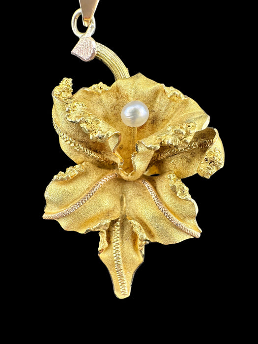 18K Gold Yellow Matt Orchid Necklace with Pearl Pendant | 1.7” Pendant, 14K 18” Chain | 8.90g - EZ Art, Decor & Jewelry