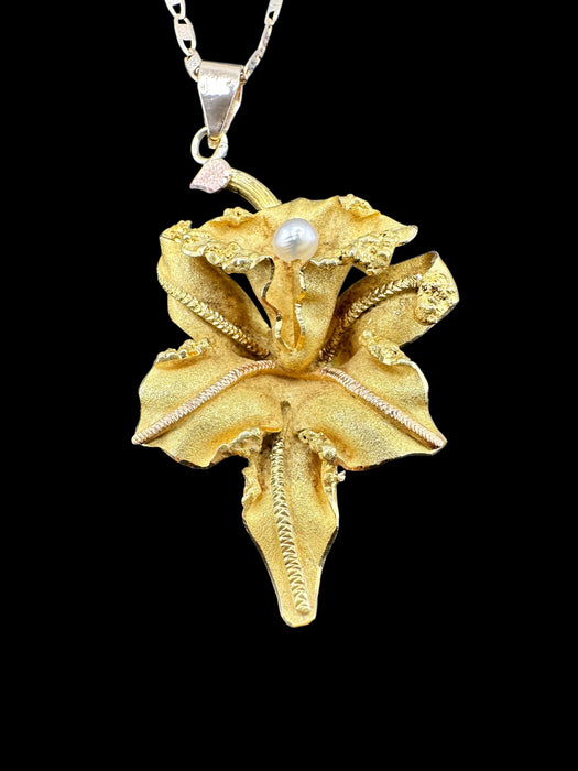 18K Gold Yellow Matt Orchid Necklace with Pearl Pendant | 1.7” Pendant, 14K 18” Chain | 8.90g - EZ Art, Decor & Jewelry