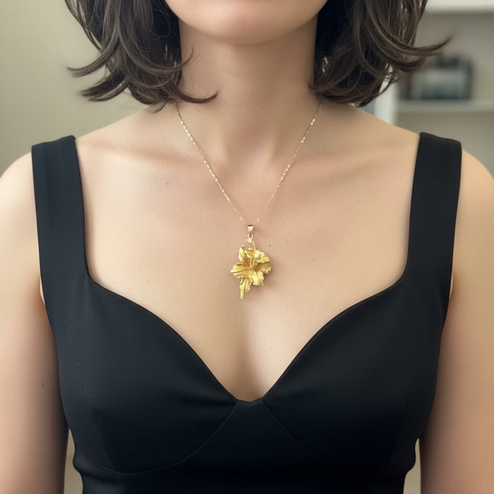 18K Gold Yellow Matt Orchid Necklace with Pearl Pendant | 1.7” Pendant, 14K 18” Chain | 8.90g - EZ Art, Decor & Jewelry