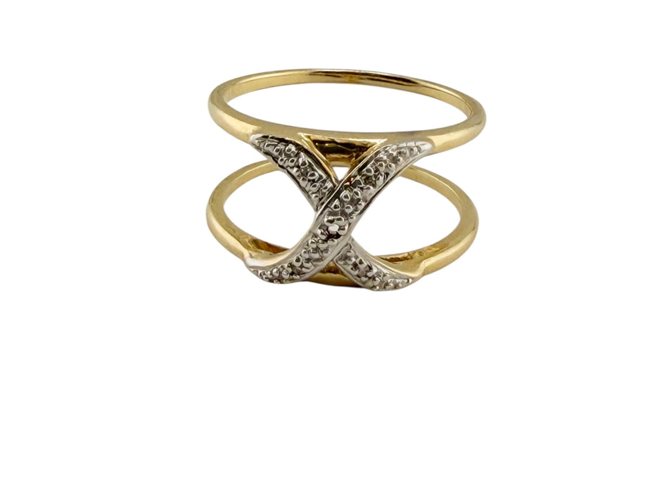 14K Gold and Diamond X Shape Ring Size 6 | Elegant Crossover Diamond Ring