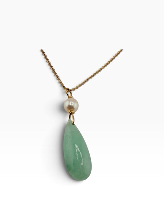 14k Gold Jadeite  & Pearl Necklace | 16” Chain, 1.3” Pendant | 3.7g Hallmarked
