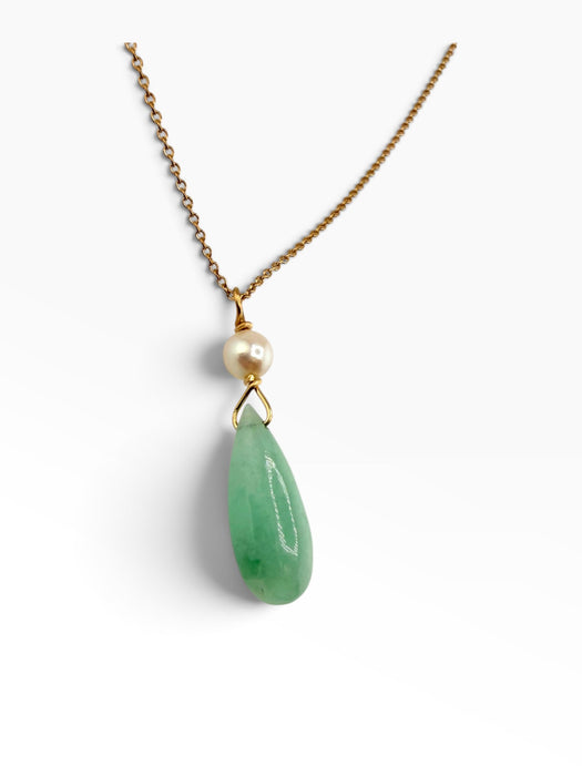 14k Gold Jadeite  & Pearl Necklace | 16” Chain, 1.3” Pendant | 3.7g Hallmarked