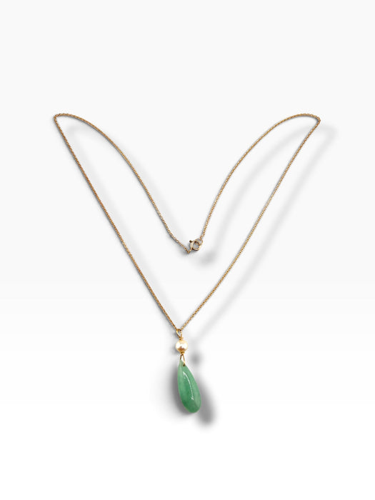 14k Gold Jadeite  & Pearl Necklace | 16” Chain, 1.3” Pendant | 3.7g Hallmarked