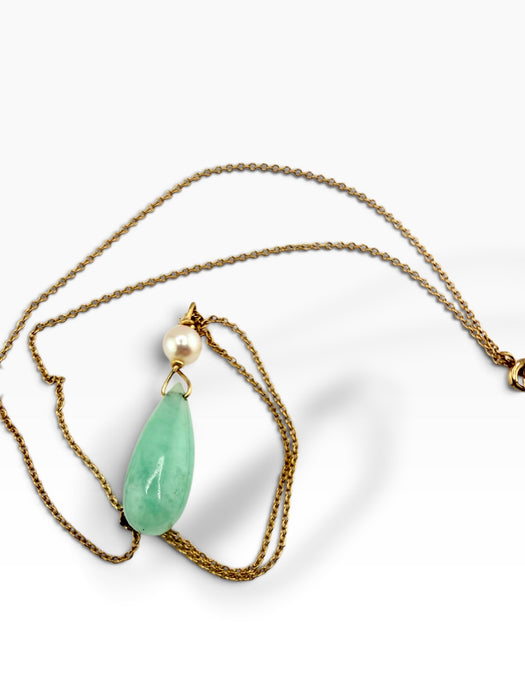 14k Gold Jadeite  & Pearl Necklace | 16” Chain, 1.3” Pendant | 3.7g Hallmarked