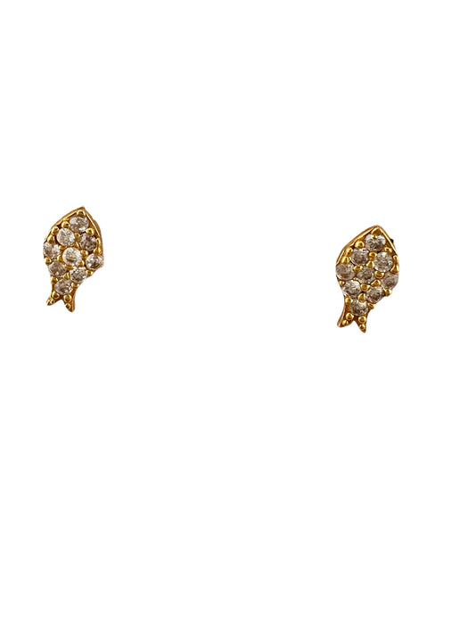 18k Gold, Fish Small Stud Earrings with Crystals-EZ Jewelry and Decor