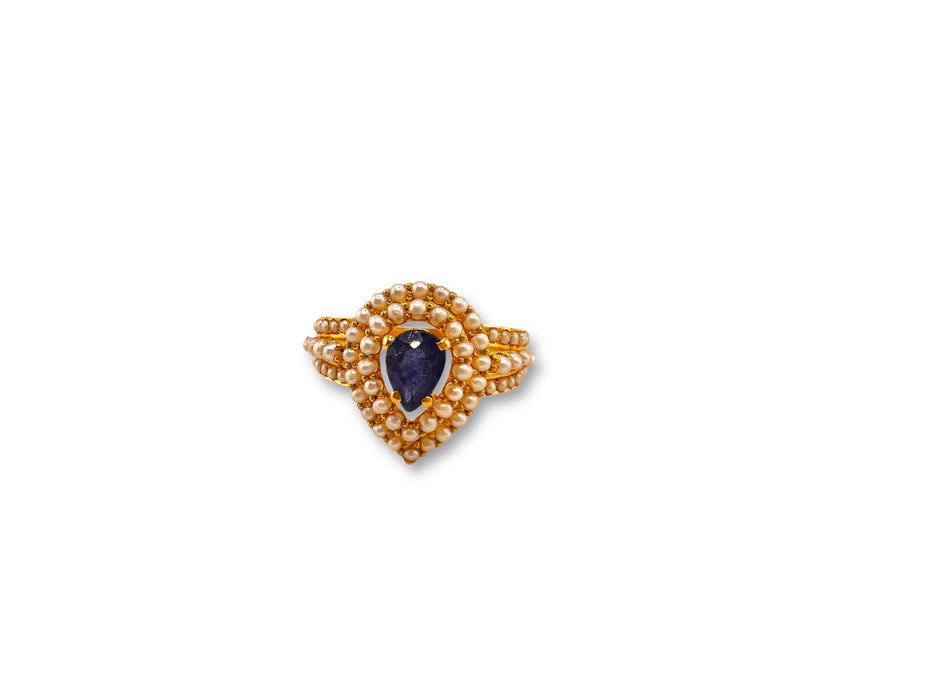 22k Gold Ring with Sapphire & Seed Pearl in Top, Size 7, June and September Birthstones. Engagement Ring/ Cocktail Ring.