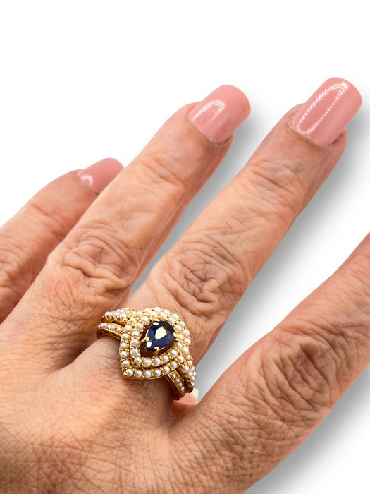 22k Gold Ring with Sapphire & Seed Pearl in Top, Size 7, June and September Birthstones. Engagement Ring/ Cocktail Ring.