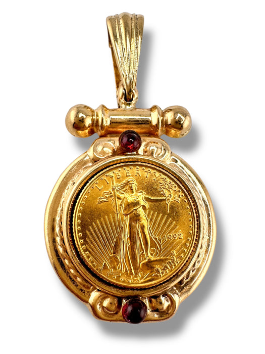 1992 1/10oz Gold $5 Eagle in a 14K Gold Pendant Frame and Two Tourmaline 14k, 24k