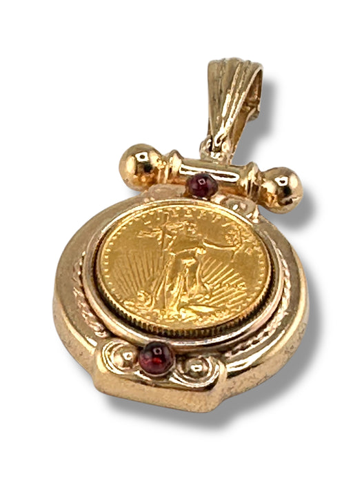 1992 1/10oz Gold $5 Eagle in a 14K Gold Pendant Frame and Two Tourmaline 14k, 24k